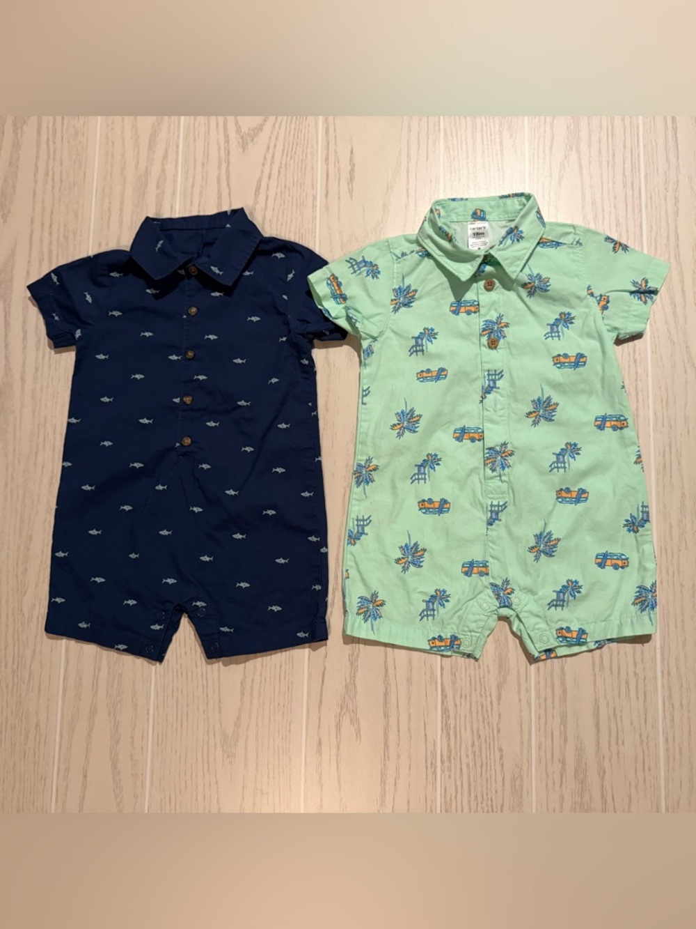 Carter’s Baby Boy 18M Romper Bundle 2 Shortall Outfits Shark Tropical EUC